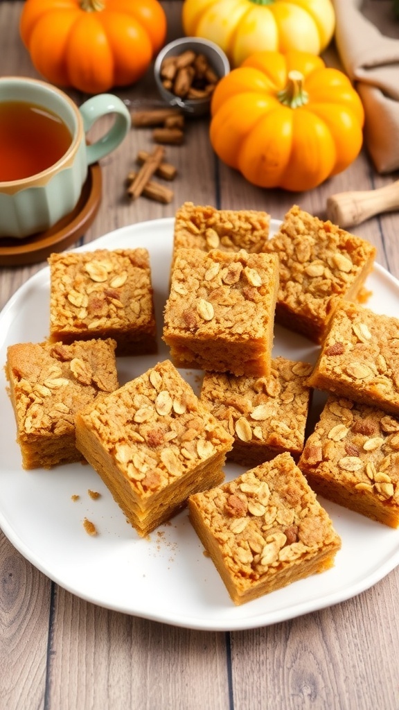 Oatmeal apple pumpkin bars on a plate, garnished with cinnamon, surrounded by autumn decor.
